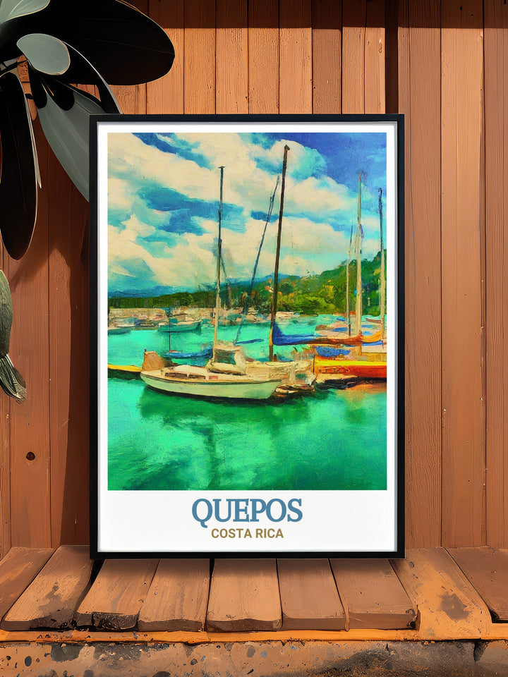 The charm of Quepos and the beauty of Marina Pez Vela are captured in this detailed print. The artwork showcases the towns vibrant culture and the marinas serene waterfront, making it a perfect addition to your home decor. Celebrate the beauty of Costa Ricas coast with this stunning piece.