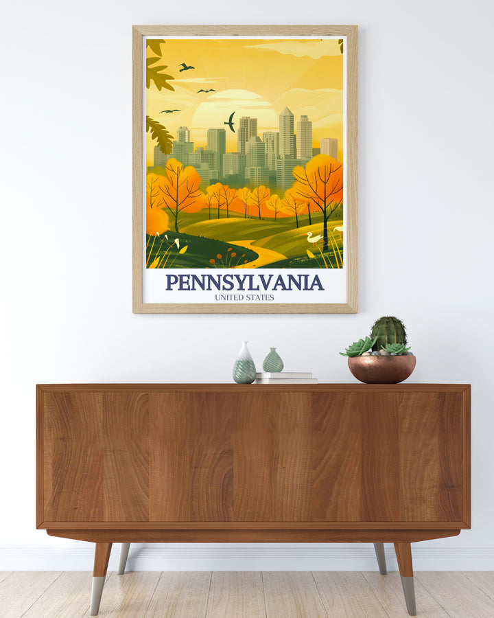 Celebrate Pennsylvanias urban and historic charm with this travel print, featuring the reflective glass of PPG Place Tower and the Victorian style homes of Spring Garden. A perfect piece for anyone who loves both the city and nature.