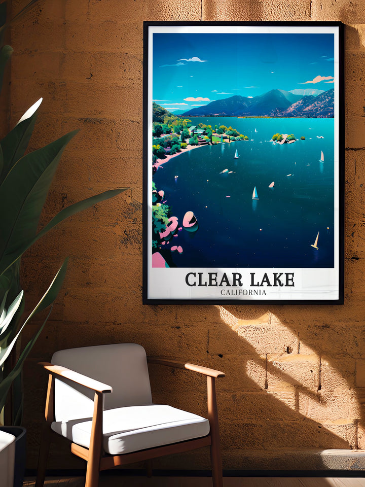 The volcanic field near Clear Lake is depicted in rich detail, with rugged landscapes that tell the story of Californias dynamic geological past. This travel print is a must have for geology enthusiasts and nature lovers alike.