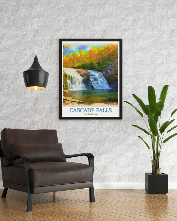 Elevate your home decor with the Cascade Falls poster print a perfect choice for California art lovers Upper Cascade Falls stunning living room decor adds depth and elegance making it an excellent addition to any modern interior.