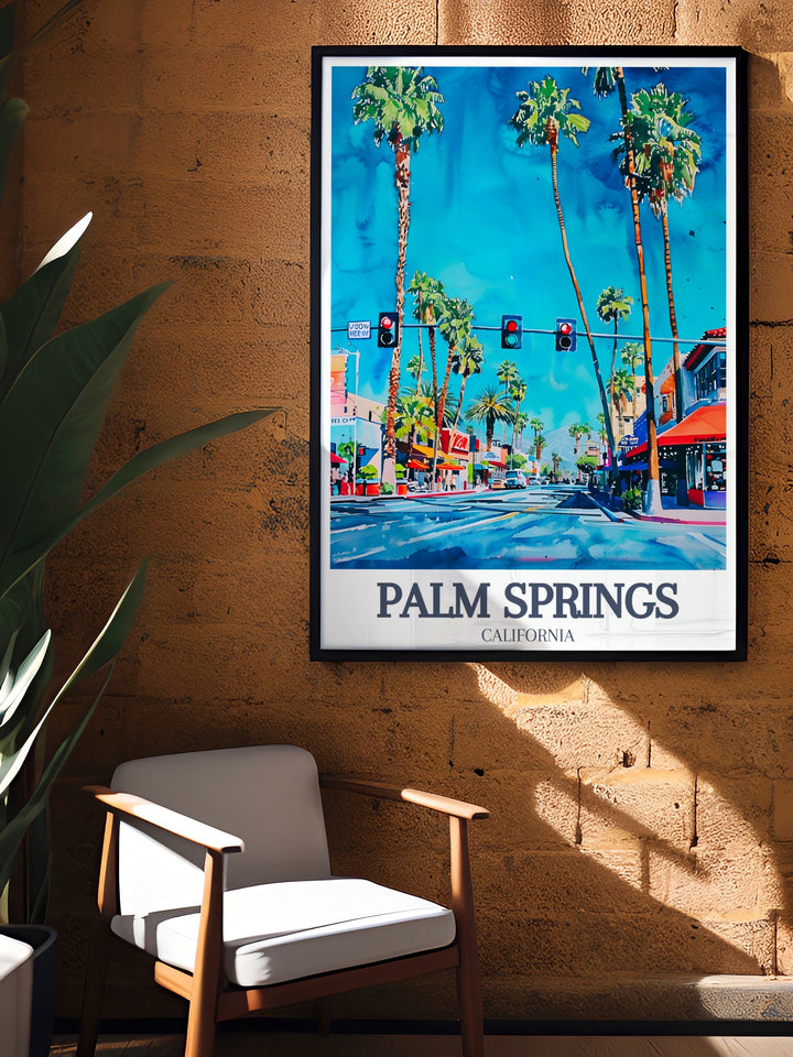 Palm Springs Art Print showcasing the stunning views of Palm Canyon Drive and Downtown. This poster highlights the beauty of Californias desert architecture, making it a wonderful addition to any room or an unforgettable gift for art lovers.