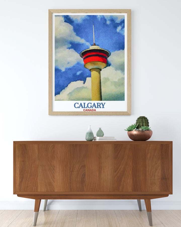 Calgary Tower poster featuring a captivating design that highlights the towers splendor. This piece makes an excellent Canada gift for friends and family who appreciate the beauty and history of Calgary.