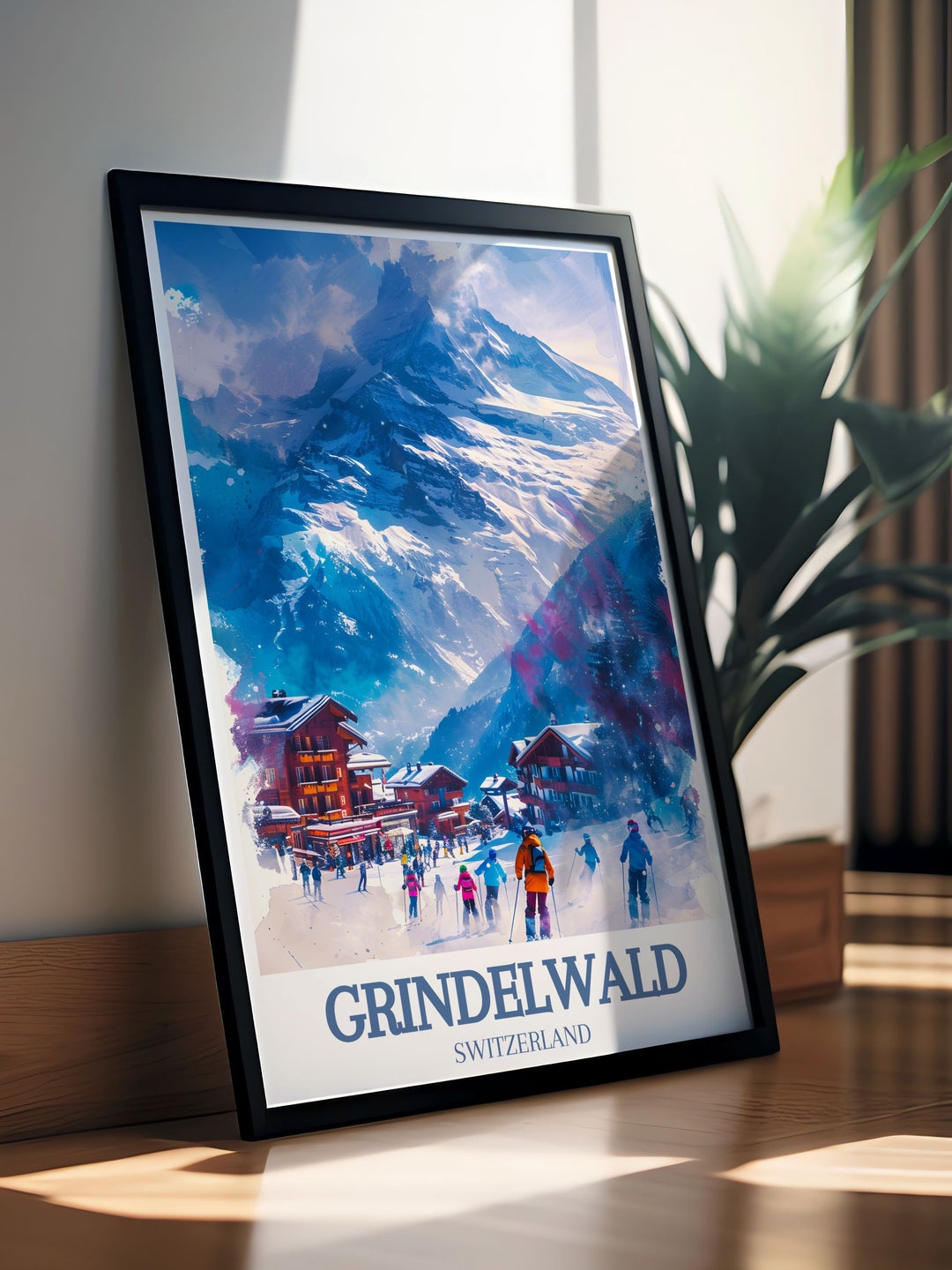 This art print of the Swiss Alps features the majestic peaks and tranquil beauty of Grindelwald, offering a detailed and picturesque view of one of Europes most beloved regions.
