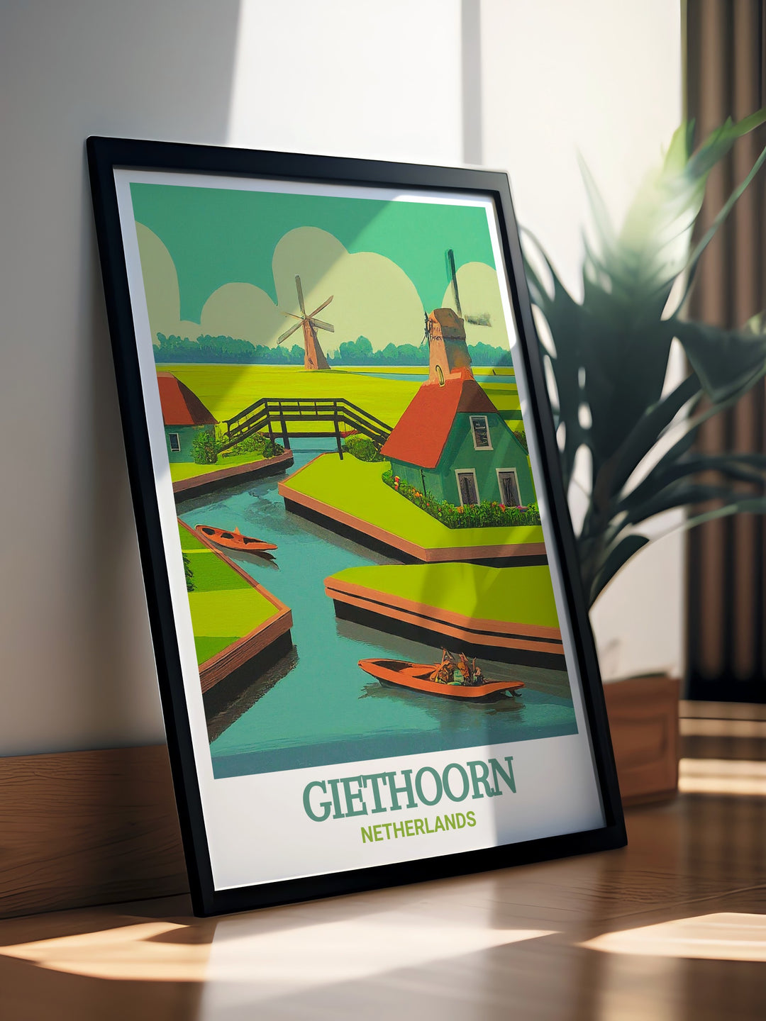 Giethoorn poster featuring the calm waters and charming architecture of this unique village in the Netherlands. The detailed imagery captures the beauty of Giethoorns canals, making it a stunning focal point for your living space. Perfect for those who love European travel and scenic art.