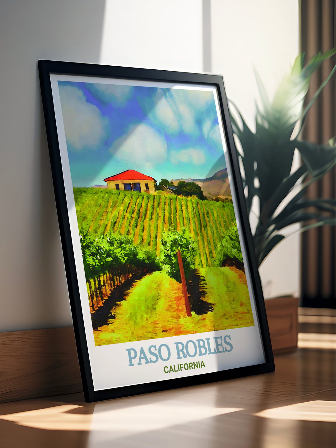 Celebrate California Wine Country with this Paso Robles print. Depicting the picturesque vineyards and rolling hills, this travel artwork is an excellent addition to your home decor or a thoughtful gift for wine enthusiasts.