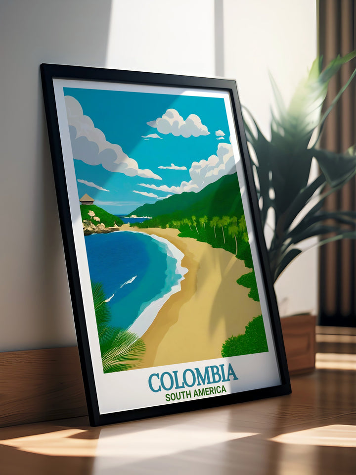 Capture the beauty of Colombias Tayrona National Park with this vibrant travel poster. Showcasing the pristine beaches and lush rainforests, this print highlights one of the countrys most beautiful national parks. Ideal for nature lovers and travelers who appreciate Colombias natural wonders.