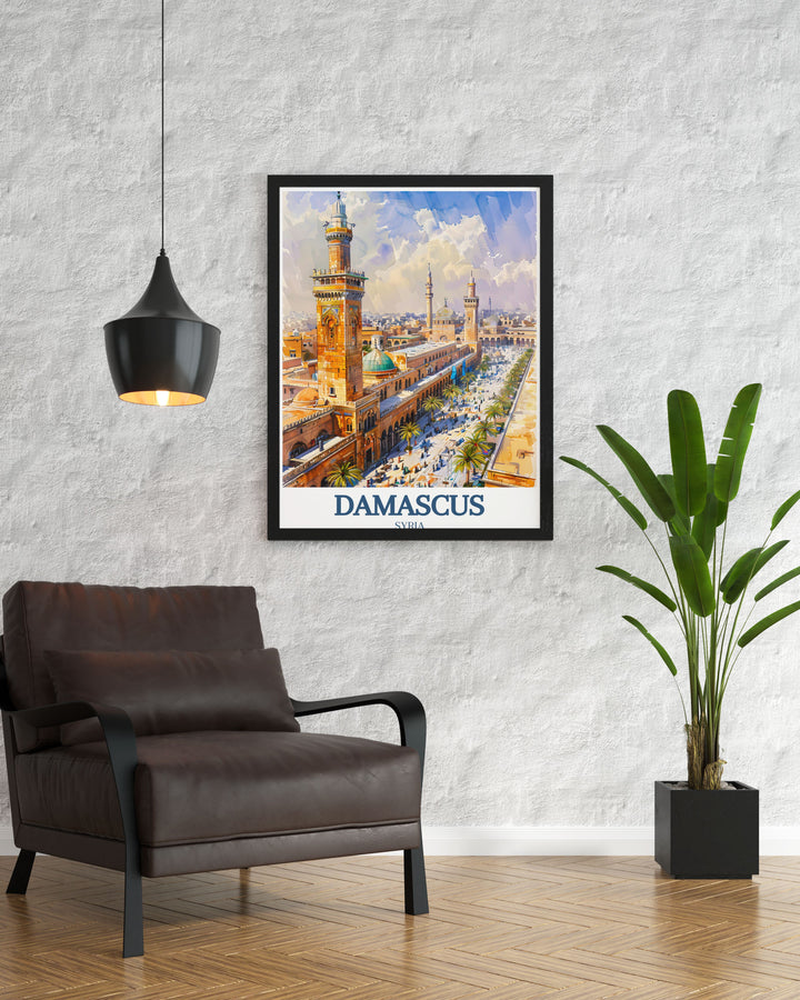Framed art illustrating the majestic presence of the Umayyad Mosque in Damascus, showcasing its historical and architectural importance.