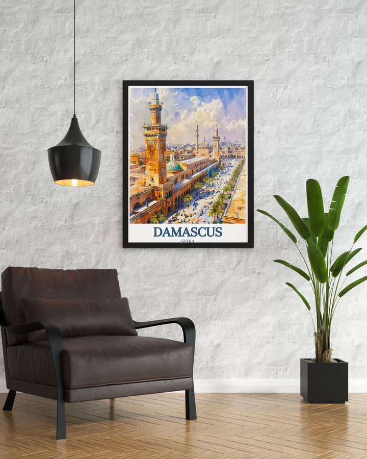 A captivating Damascus canvas art that showcases the architectural beauty of the Umayyad Mosque and the historic Straight Street. Perfect for home décor or as a thoughtful gift, this artwork brings a touch of Middle Eastern elegance to any space.