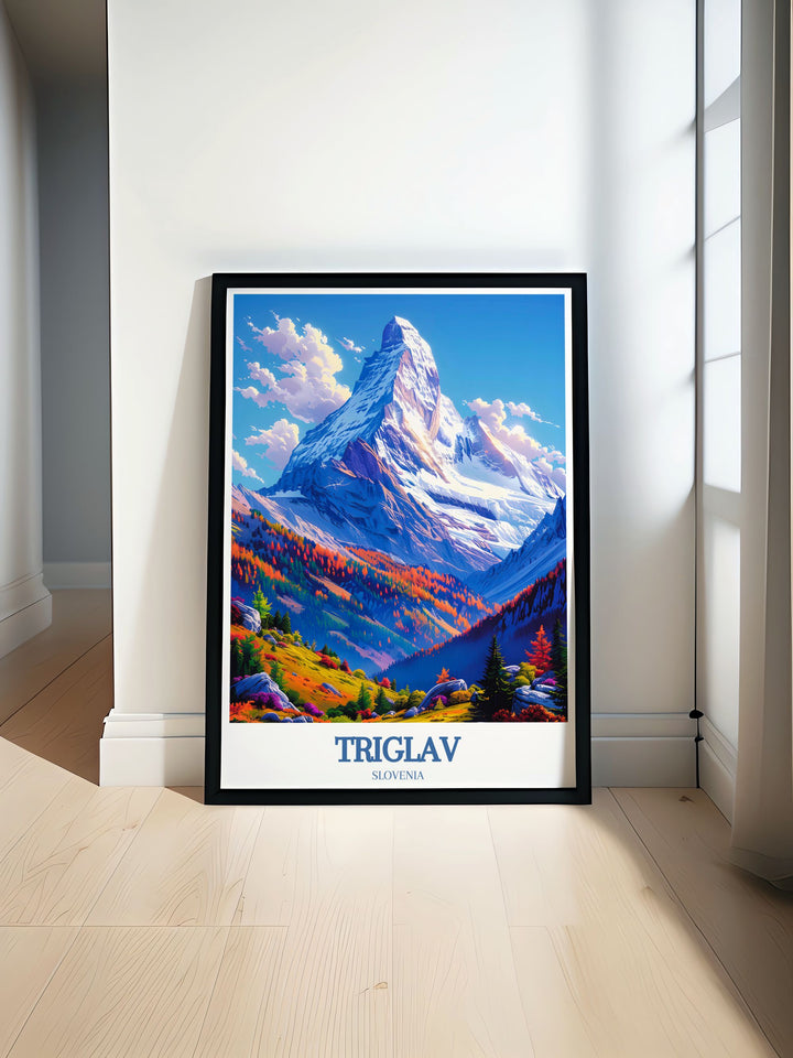 Triglav Peak art print showcasing the majestic Mount Triglav in Slovenia framed by the serene beauty of Lake Bled perfect for adding a touch of adventure and elegance to your living room decor or as a unique gift for nature lovers and travel enthusiasts.