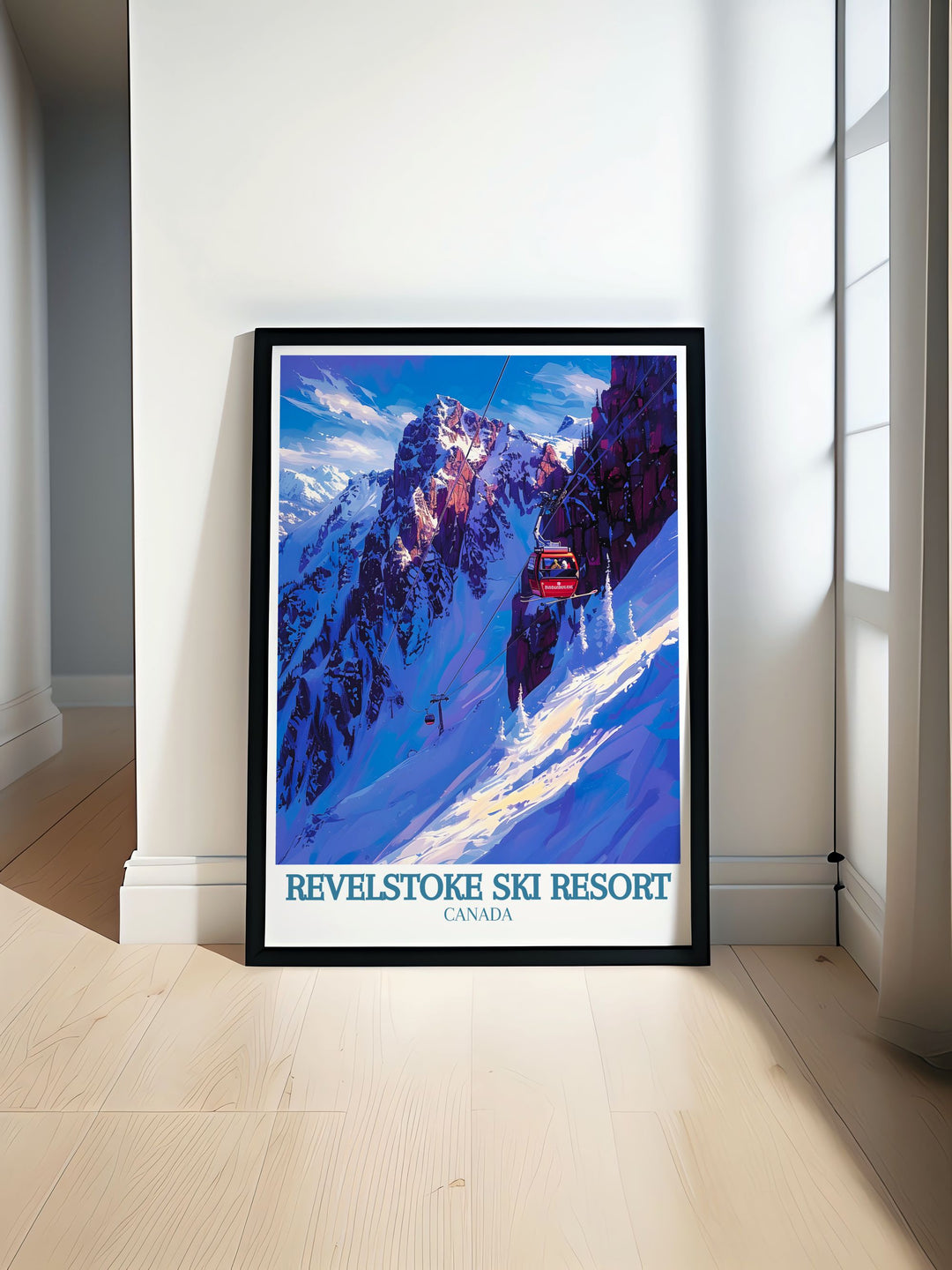 Revelstoke Poster featuring Mount Mackenzie and the Revelation Gondola cable car. This Ski Resort Print brings the beauty of British Columbia into your home. Perfect for adding a touch of adventure and elegance to your decor.