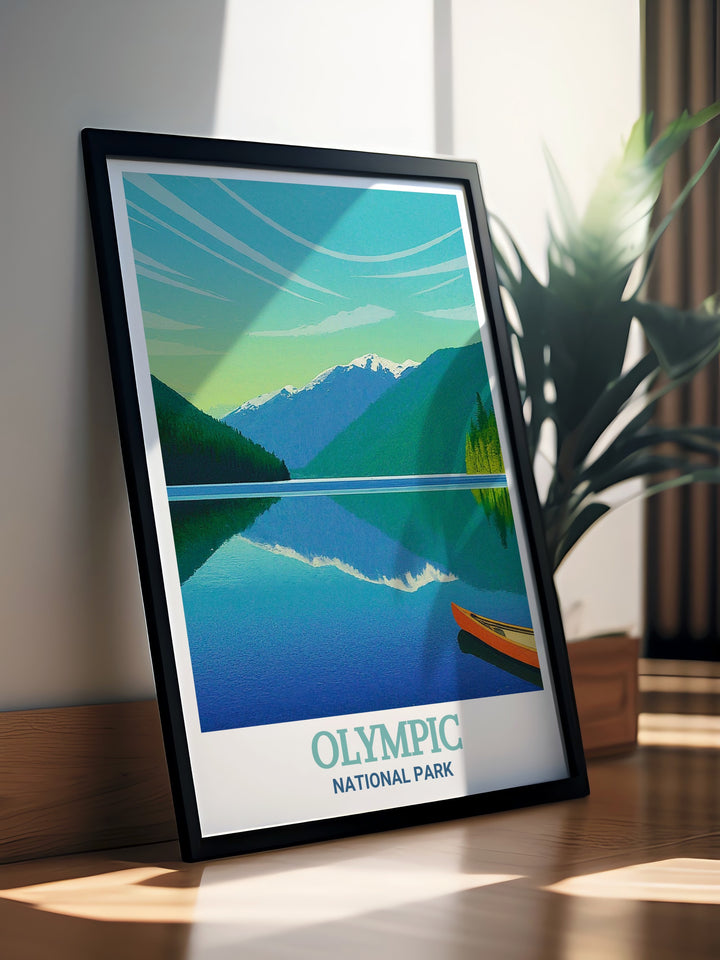 Step into the wild with this vintage National Park poster, capturing the timeless beauty and rugged charm of Olympic National Park. The retro inspired design and muted tones evoke a sense of nostalgia and appreciation for Americas preserved wilderness.