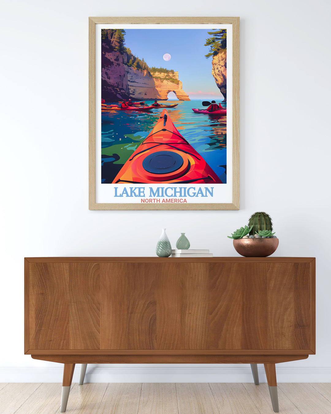 Lake Michigan Travel Print with Pictured Rocks National Lakeshore is a stunning addition to any wall art collection. This minimalist wall art blends modern decor with vintage travel themes ideal for any occasion or personal gift.