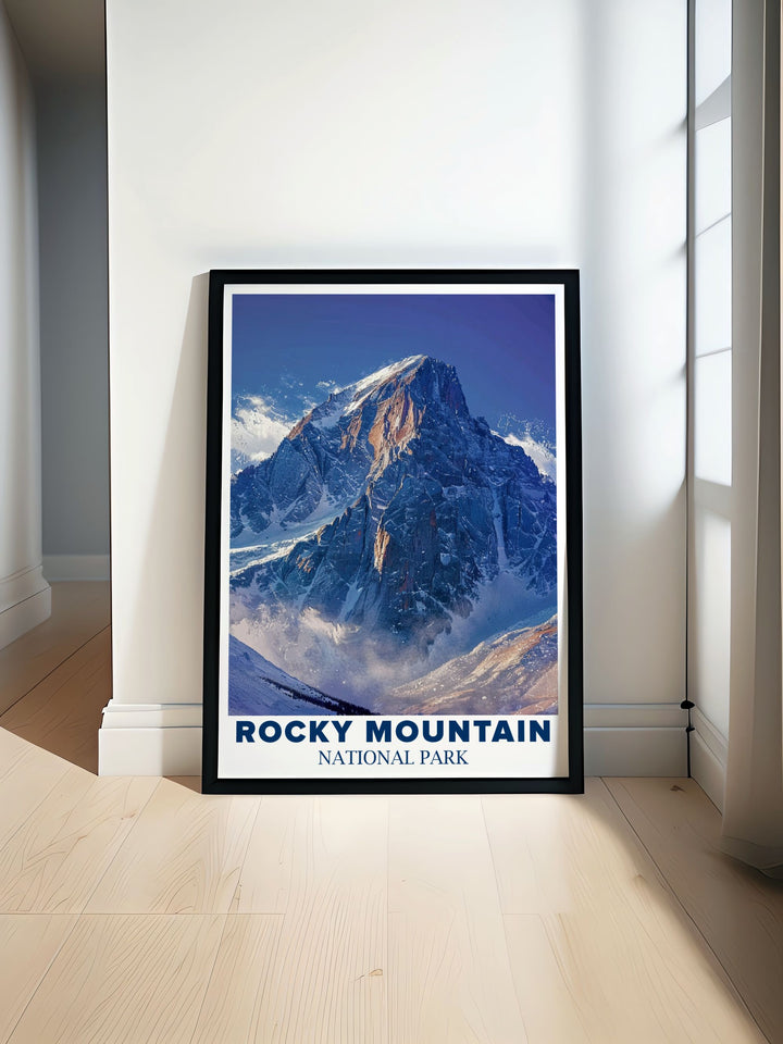Long Peak travel poster featuring the stunning landscapes of Rocky Mountain National Park showcasing the majestic peak and serene surroundings perfect for home decor and gifts for nature lovers and adventurers