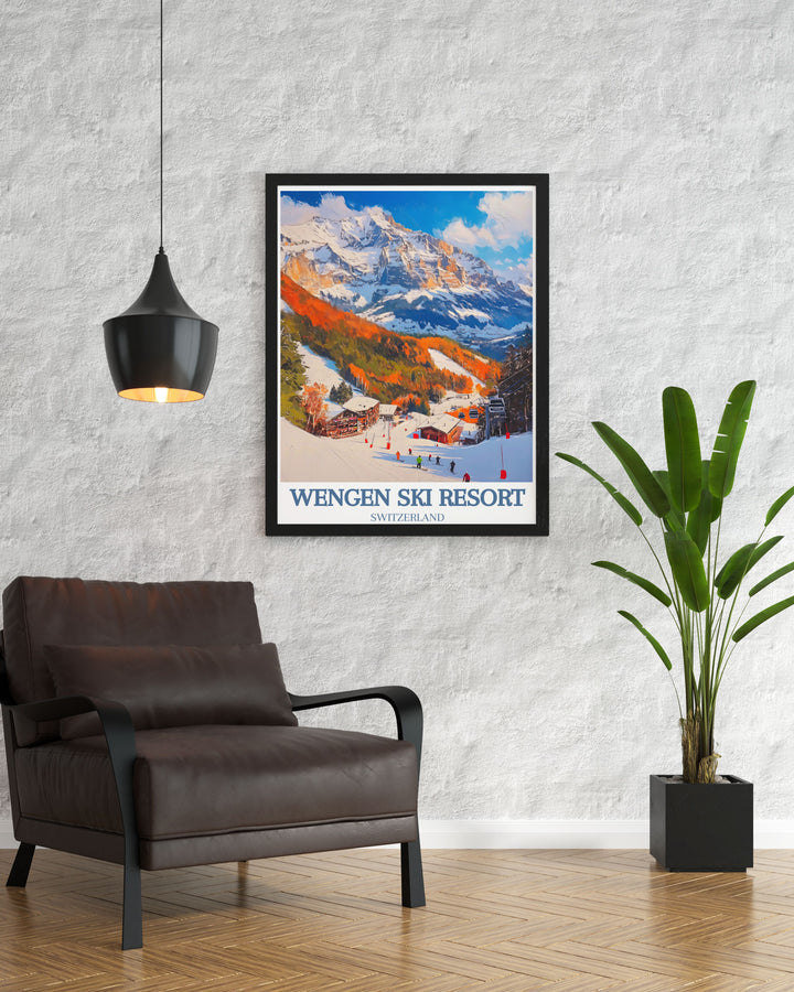 Iconic canvas art depicting the breathtaking views of Switzerlands Wengen Ski Resort. Perfect for ski enthusiasts, this artwork features the resorts extensive trails and stunning alpine backdrop, adding adventure to your decor.