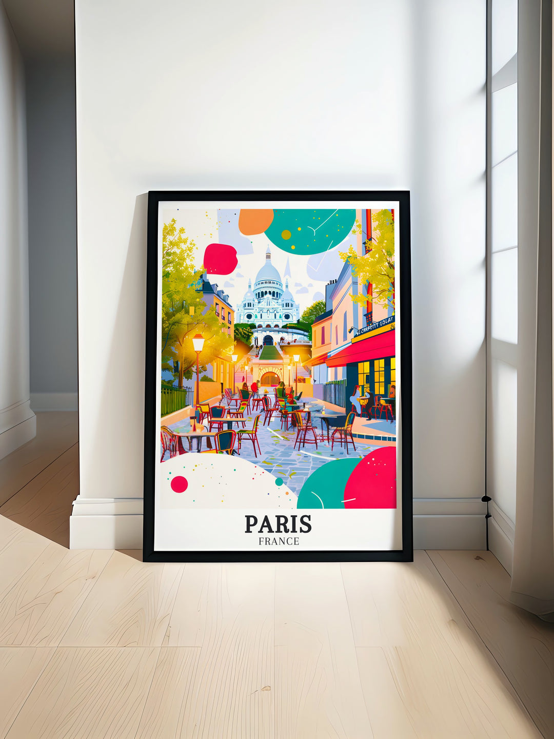 Vibrant Paris Wall Art print featuring Sacre Coeur Basilica and Montmartre perfect for home decor and gifts for friends. This colorful photography poster adds a modern touch to any living room decor.