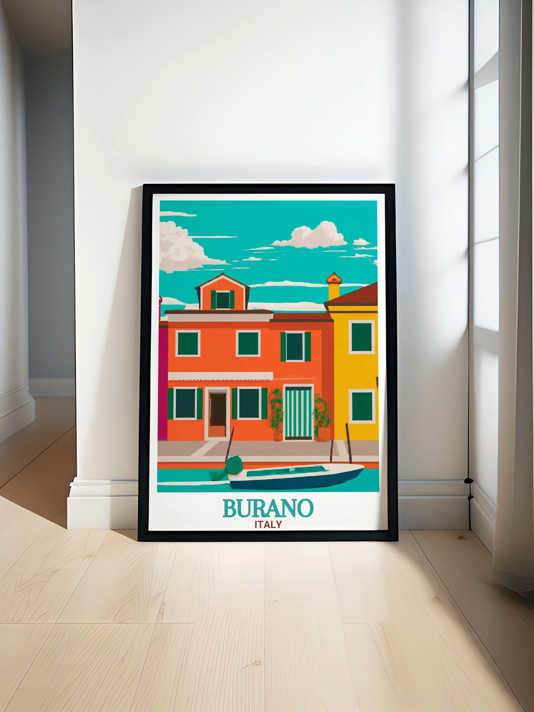 Burano Cityscape with vibrant colorful houses reflecting in the serene canals. This Burano poster is perfect for adding a touch of Italian charm to your home decor. Ideal for those who appreciate Colorful Houses and picturesque skylines.