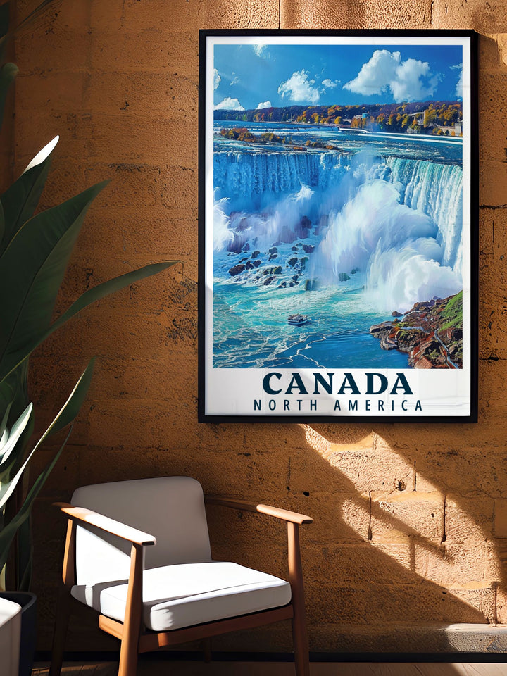 This poster artfully depicts Niagara Falls and its role as a natural wonder, offering a perfect blend of scenic landscapes and iconic landmarks for your decor.