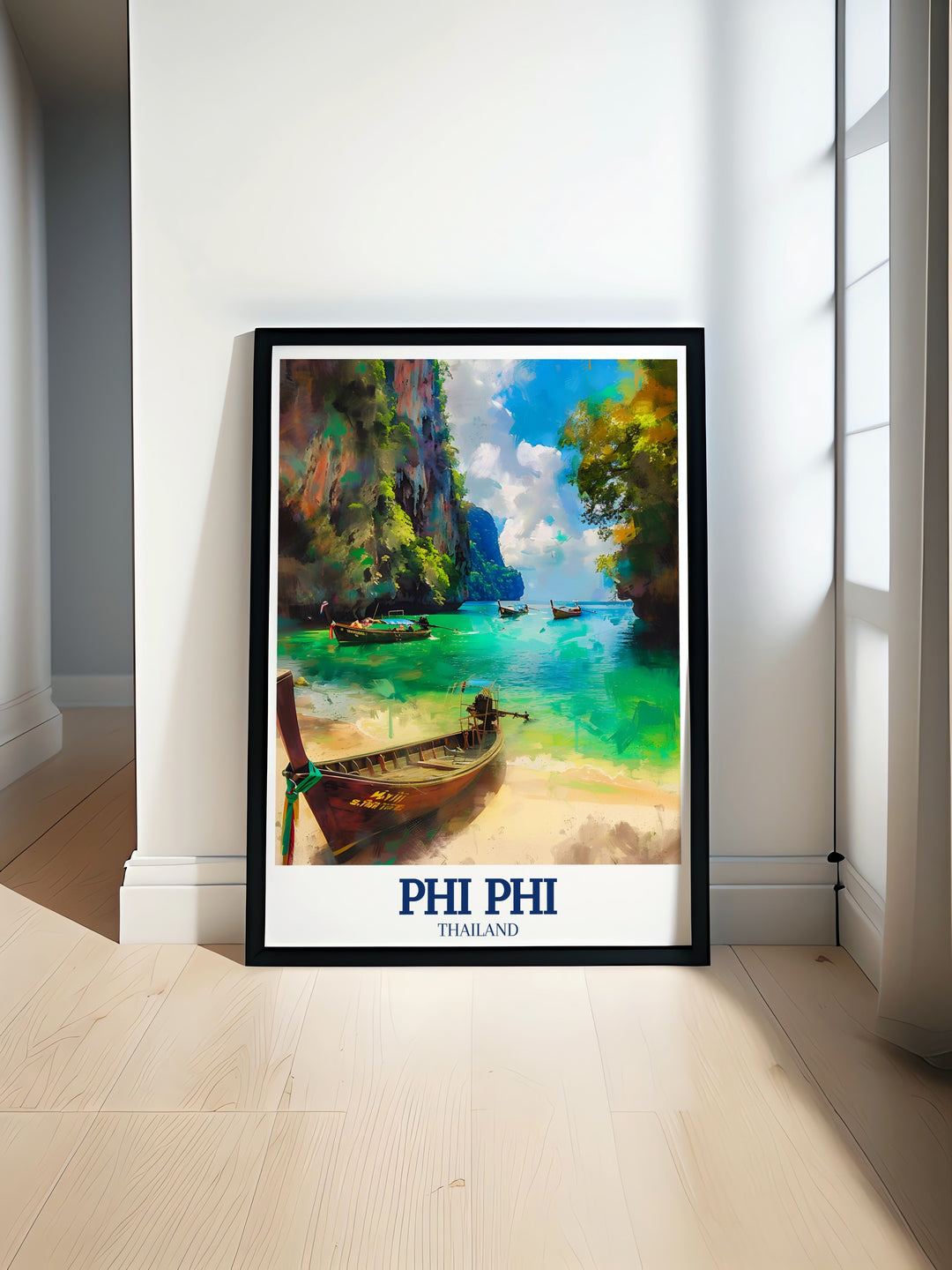 Add a tropical touch to your home with this Phi Phi Islands poster. The vibrant blue waters of Maya Bay and the towering cliffs of Phi Phi Ley make this artwork a beautiful tribute to one of Thailands most popular destinations.