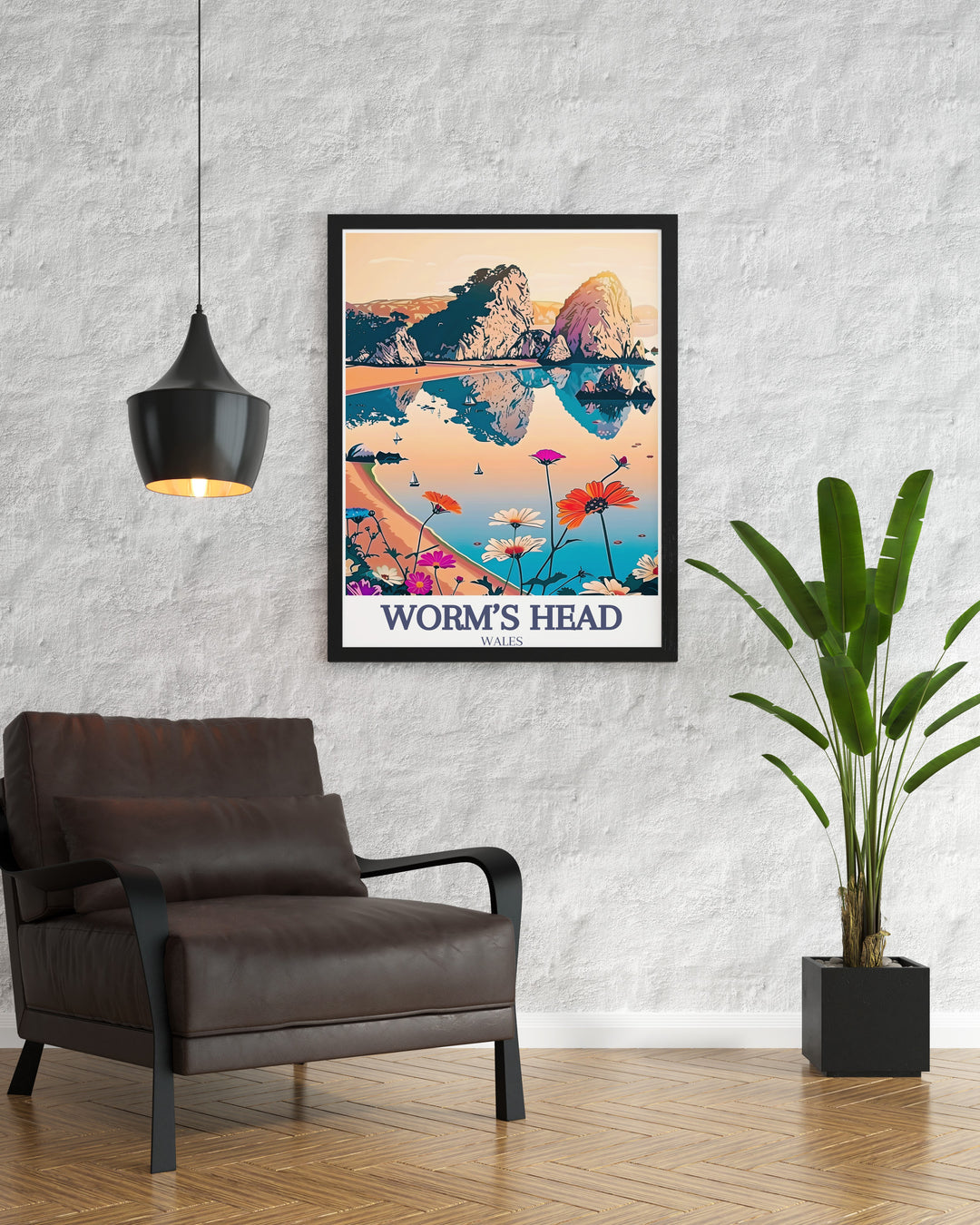 This Worms Head Poster highlights the beauty of the Welsh coastline, featuring Worms Head and Three Cliffs Bay. The travel print is a perfect gift for anyone who loves the outdoors and the stunning landscapes of Wales, adding a serene coastal vibe to any space.