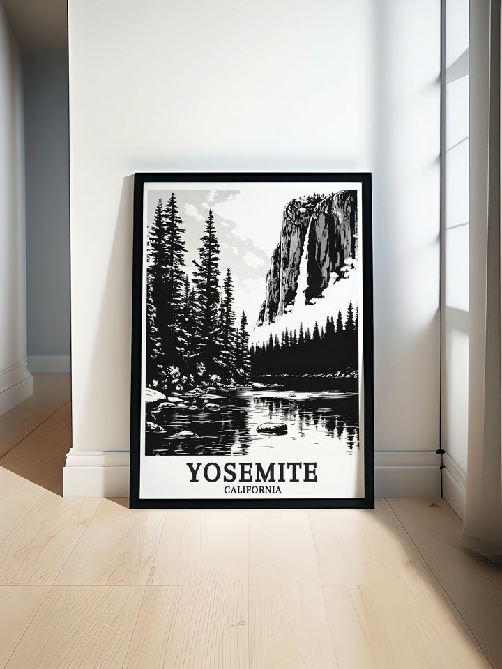 El Capitan Yosemite Falls print showcasing the majestic scenery of Yosemite National Park with vibrant colors and detailed artwork ideal for home decor