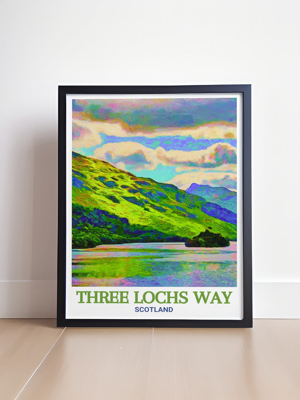 Our Three Lochs Way canvas art captures the essence of Loch Lomond and Gare Loch, two iconic landmarks on Scotlands famous hiking trail. With its vibrant colors and detailed artistry, this travel poster is perfect for outdoor enthusiasts and adventurers.