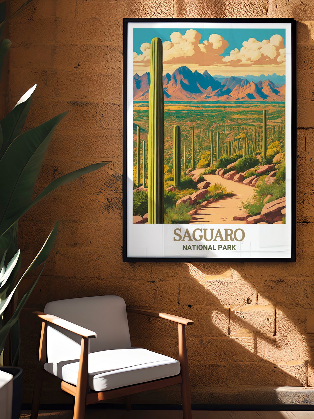 Capture the essence of Arizonas rugged beauty with this Saguaro National Park poster, illustrating the awe inspiring desert landscape and the towering cacti that define this unique region, ideal for nature lovers and travel enthusiasts.