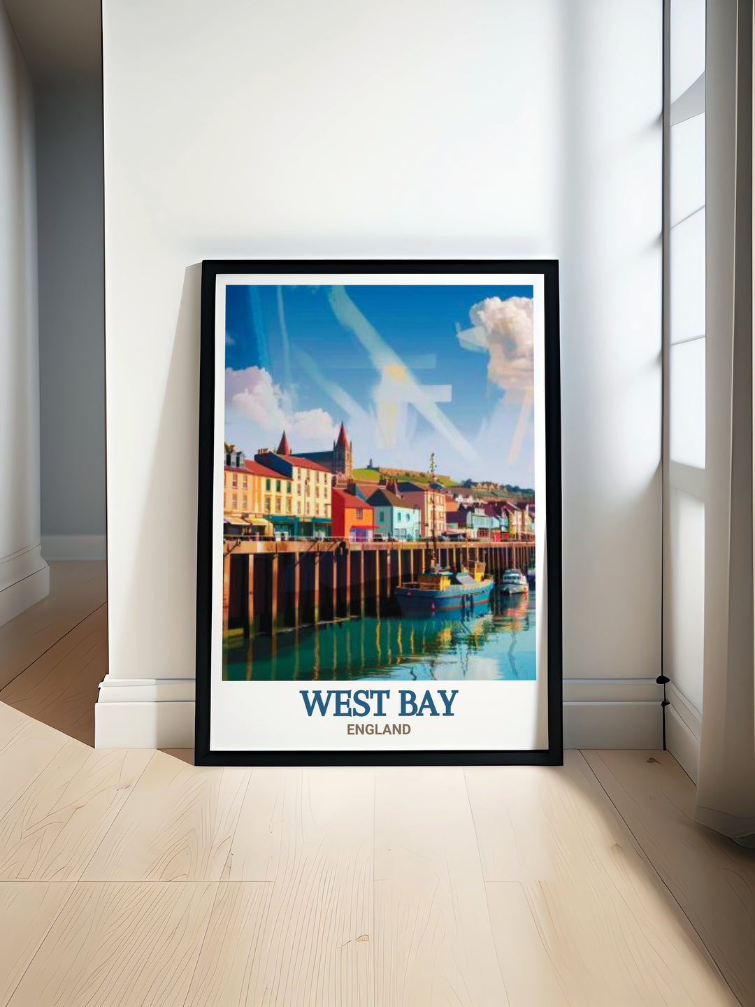 West Bay Harbour framed art capturing the peaceful charm of this iconic English port. This vintage style poster offers a stunning view of the harbor and its surrounding cliffs, perfect for any lover of Englands natural beauty.