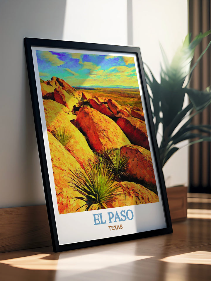 This Hueco Tanks travel print brings the historic and natural beauty of Texas right into your living space. Showcasing the famous rock formations and trails of the Hueco Tanks State Park, this poster makes an excellent addition to any nature themed decor or as a thoughtful gift for adventure lovers.