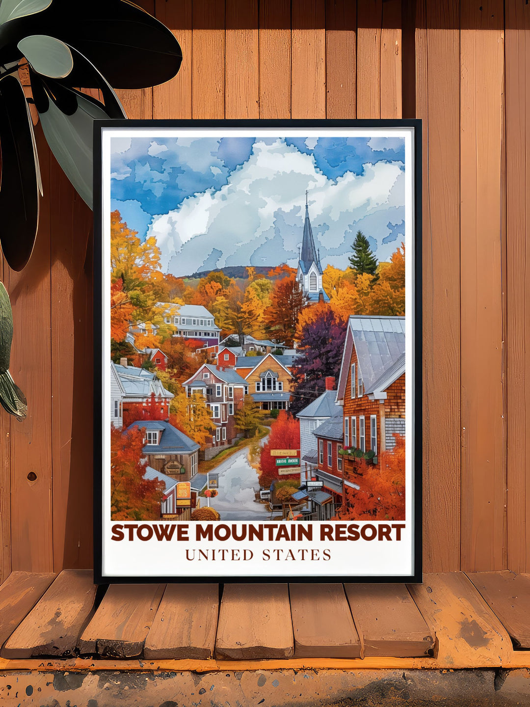 High quality framed print of Stowe Mountain Town and Stowe Ski Resort showcasing the beauty of New England skiing perfect for enhancing your home with a touch of Vermonts charm