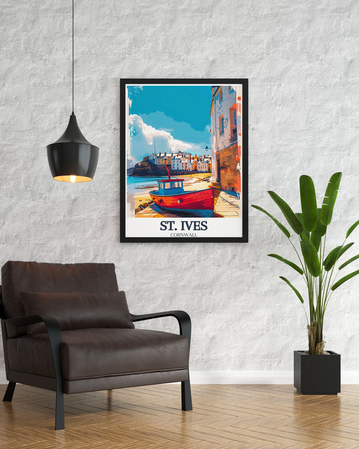 Experience the serene beauty and artistic spirit of St. Ives through this vibrant poster, highlighting the golden sands and clear waters of Porthmeor Beach.