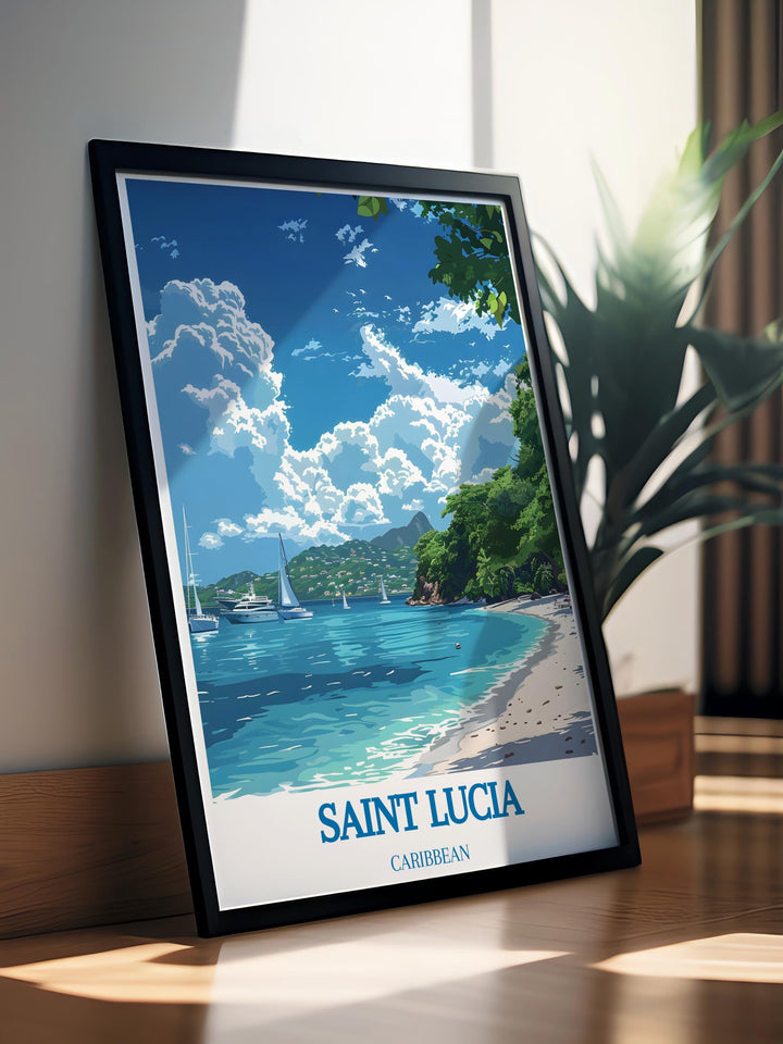 Celebrate the charm of Saint Lucia with Marigot Bay Modern Prints a stunning representation of Caribbean elegance perfect for wall decor these prints make unforgettable traveler gifts that evoke memories of paradise and add a touch of luxury to any room