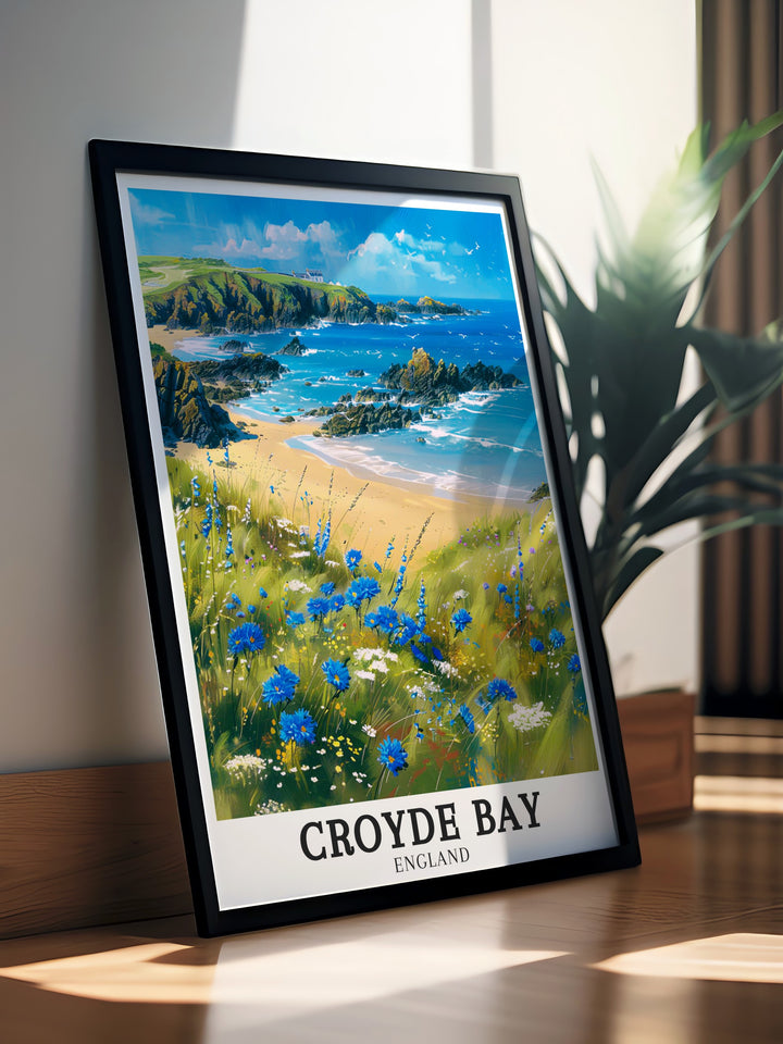 This wall print of Croyde Bay highlights the tranquil shores and sweeping views of Baggy Point, offering a serene reminder of North Devons coastal charm. Ideal for beach lovers and travelers, this artwork brings the UKs stunning landscapes into your home decor.
