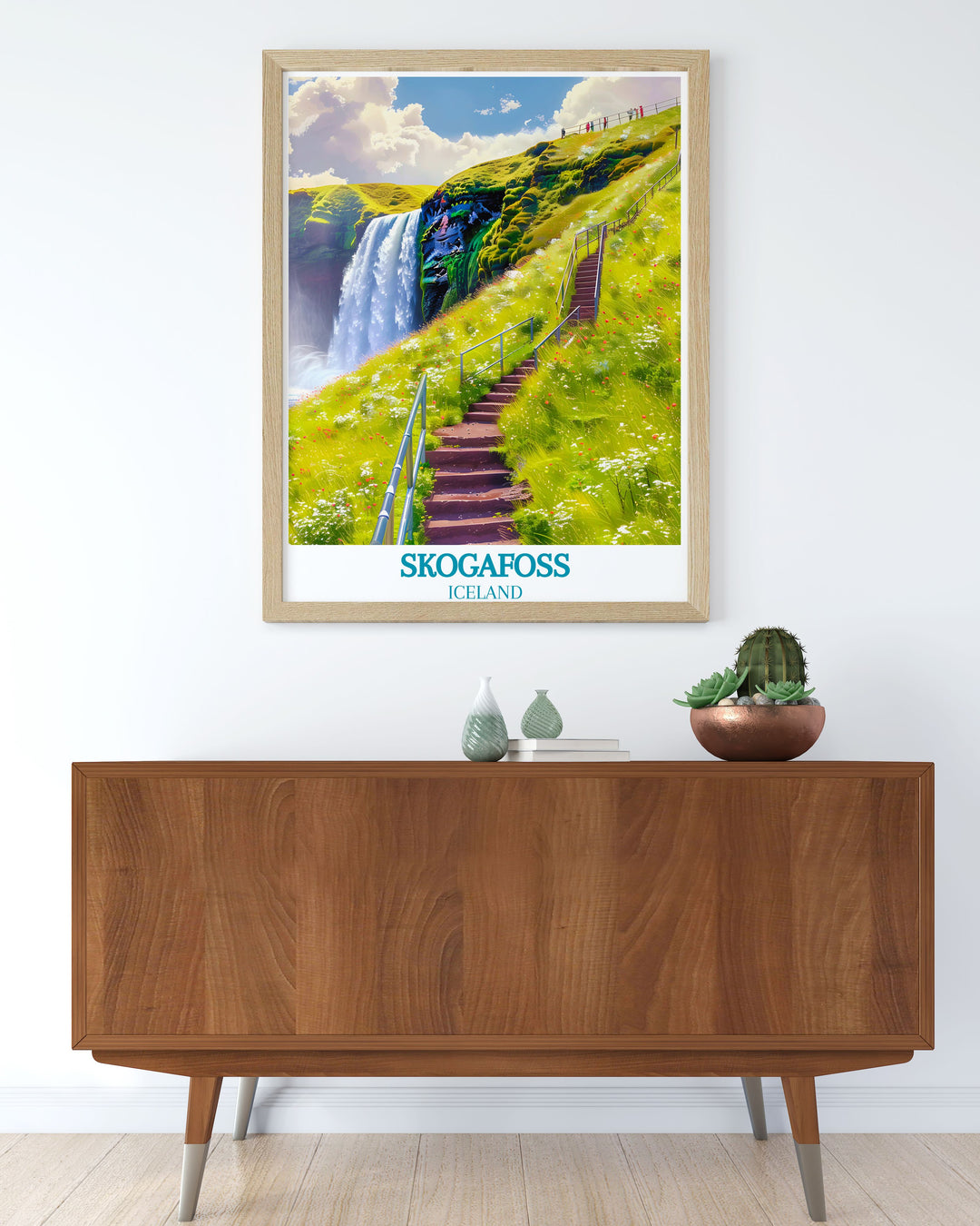Capture the serene beauty of Skogafoss and its hiking trail with this art print, highlighting the powerful cascade and the lush, vibrant scenery.