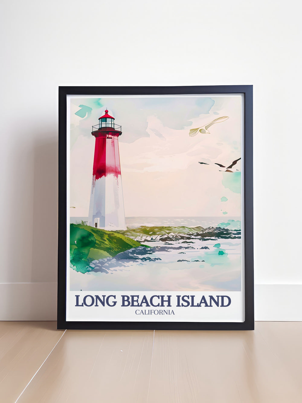 A black and white digital print of Long Beach Island, featuring Barnegat Lighthouse. This travel poster captures the timeless beauty of one of New Jerseys iconic landmarks, offering a perfect wall art piece for lovers of coastal charm and historical significance.