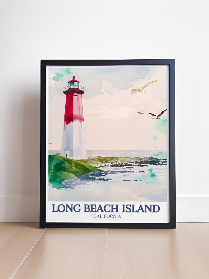 A black and white digital print of Long Beach Island, featuring Barnegat Lighthouse. This travel poster captures the timeless beauty of one of New Jerseys iconic landmarks, offering a perfect wall art piece for lovers of coastal charm and historical significance.