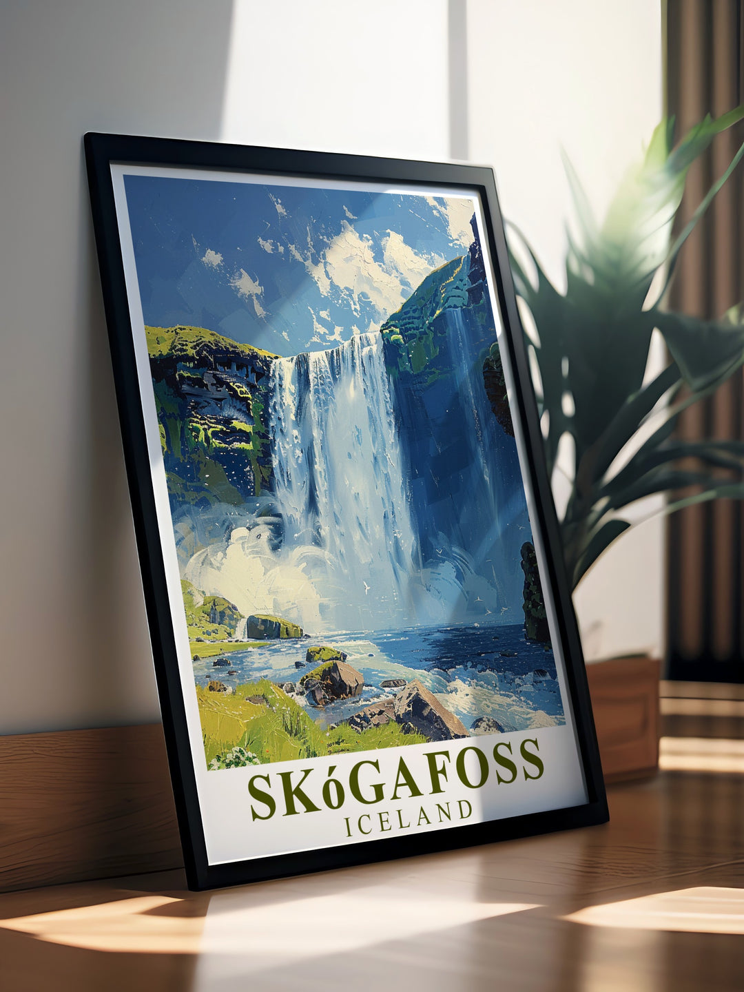 Detailed view of Skogafoss Waterfall Poster Print capturing the dynamic beauty of Icelands renowned waterfall adding a sophisticated touch to any room as Waterfall Modern Prints and Framed Prints ideal for those who love Icelandic landscapes and travel adventures