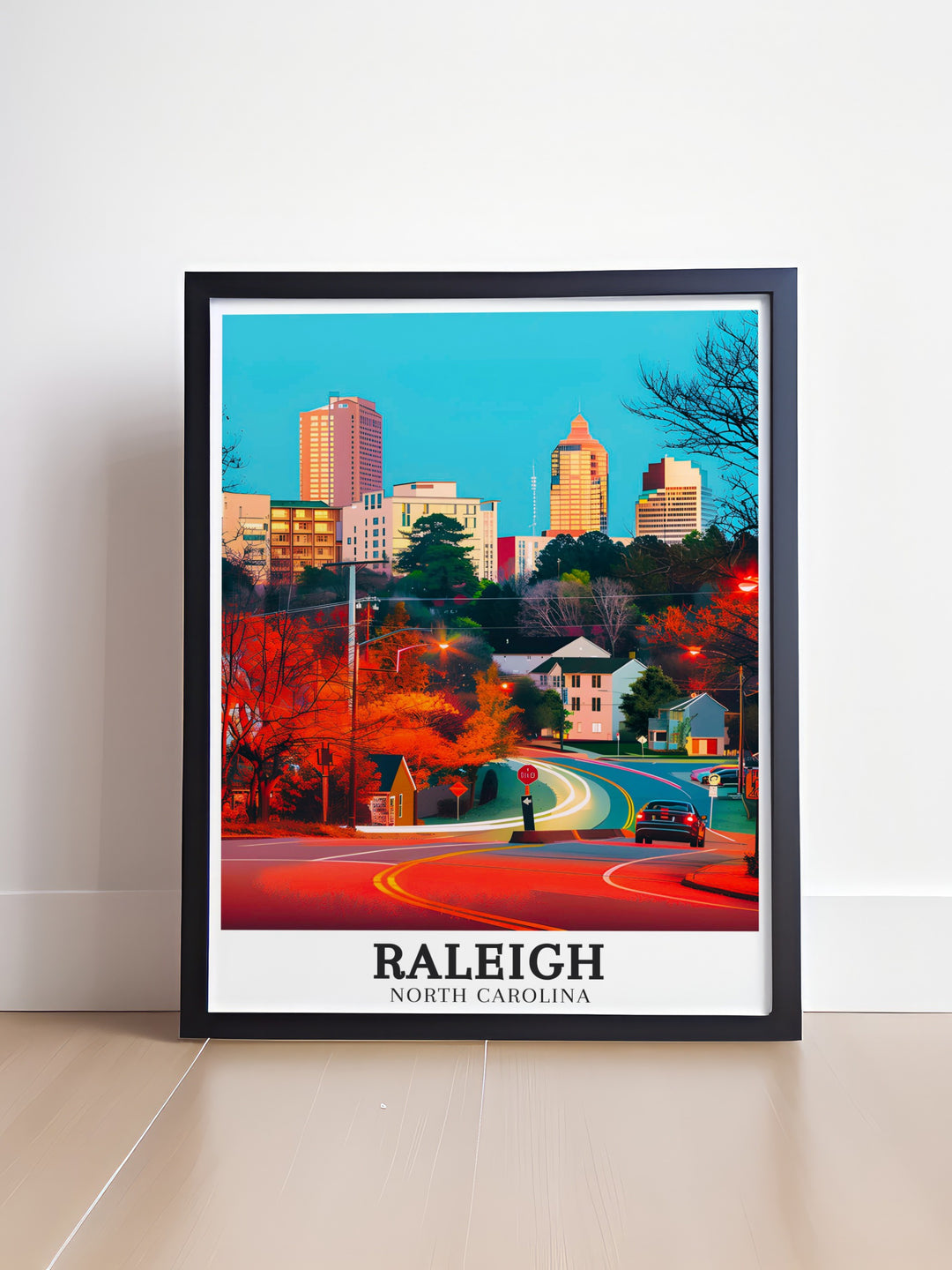 Detailed Research Triangle print showcasing the collaboration between Raleigh, Durham, and Chapel Hill, alongside the iconic skyline of Raleigh. This artwork beautifully illustrates the regions impact on science and technology, perfect for Raleigh wall art enthusiasts