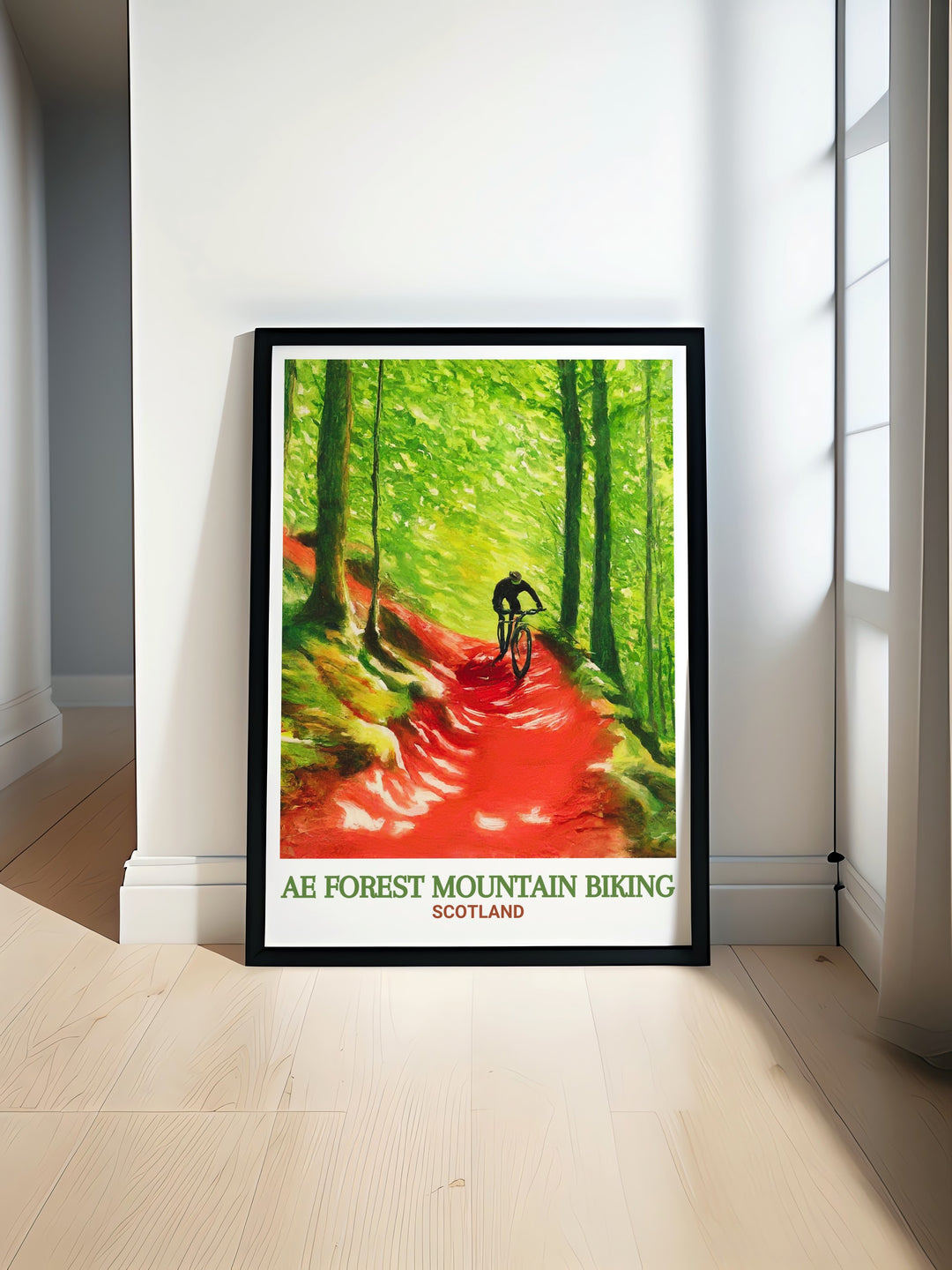 Celebrate Scotlands adventurous MTB culture with this framed Ae Forest Mountain Biking print. It features the rugged terrain of the Ae Line, known for its exhilarating rides through the heart of the 7stanes Bike Park.