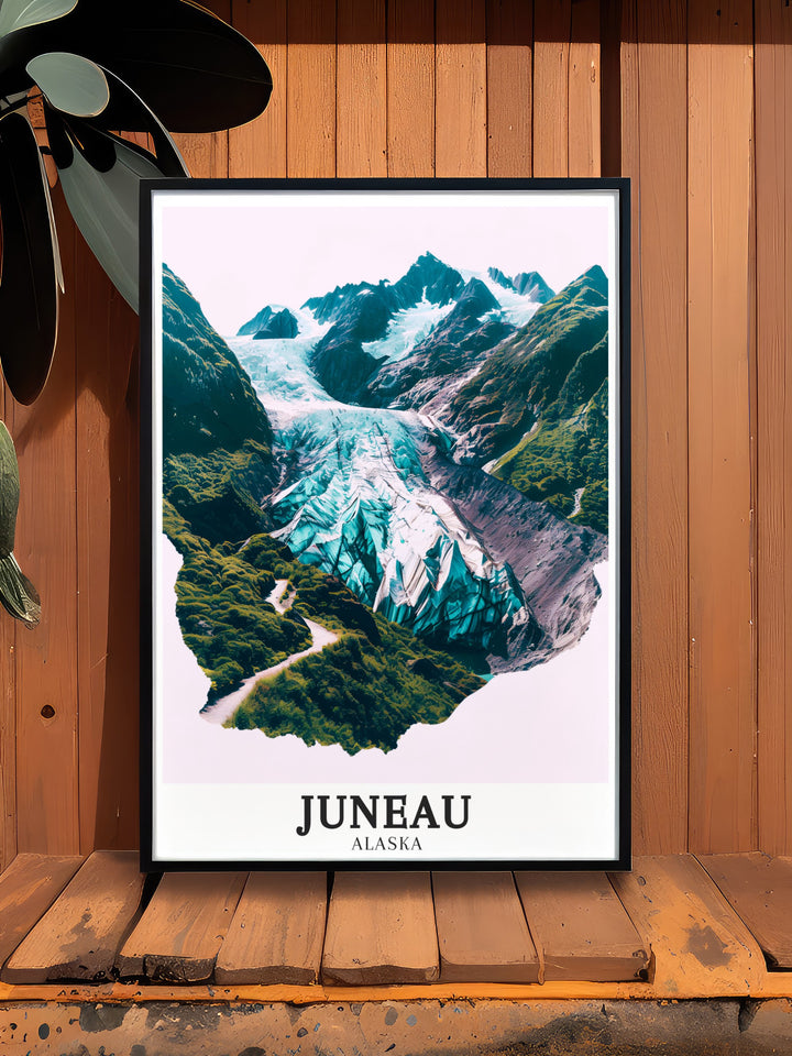 Mendenhall Valley wall art showcasing the beauty of Alaskas remote landscapes. This print captures the glaciers icy formations and the peaceful valley, making it a great addition to any home for those who appreciate rugged, natural beauty.