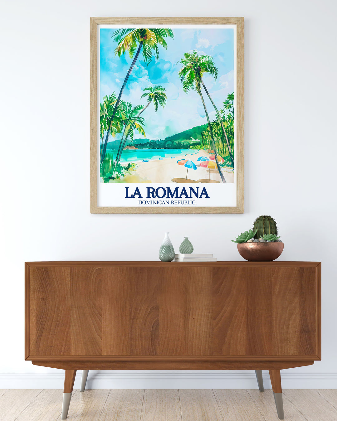 This framed art print showcases the serene beauty of Bayahibe Beach, located in La Romana, Dominican Republic. The lush greenery and crystal clear waters make it a stunning addition to any coastal or tropical themed space.