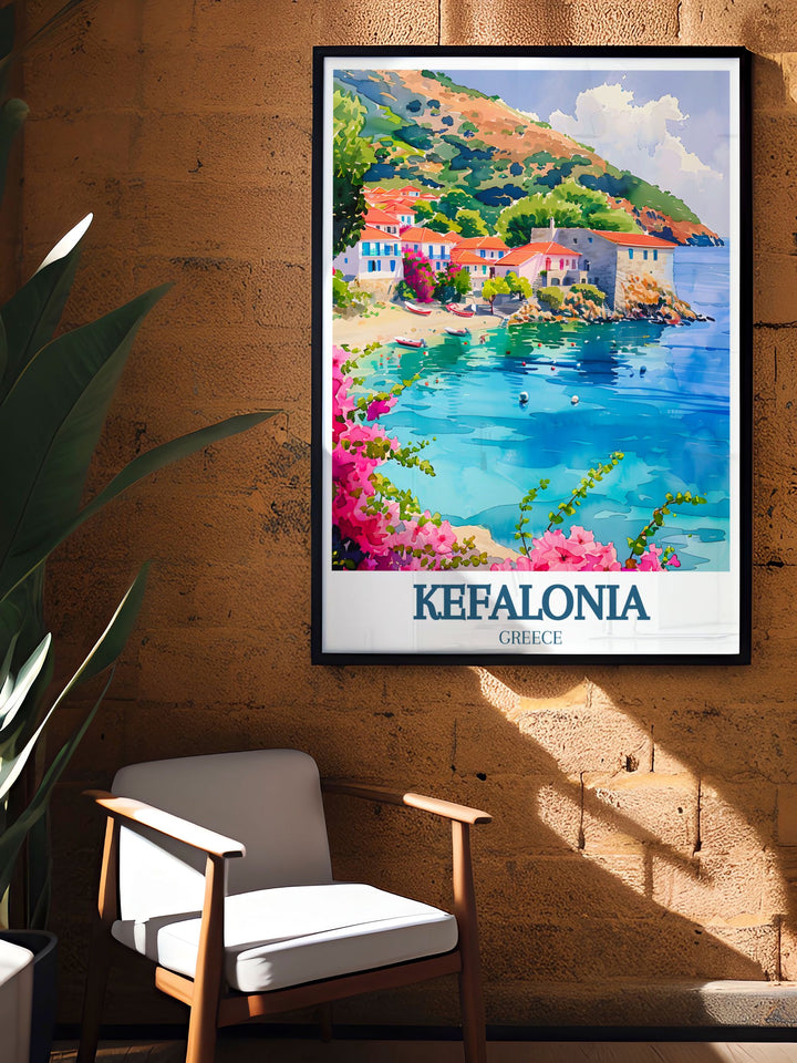 Experience the beauty of Kefalonias Ionian Sea coastline with this poster. It captures Assos Villages iconic architecture, nestled between dramatic cliffs and crystal clear waters, making it ideal for adding Mediterranean warmth to your home décor.