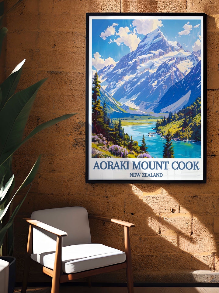 Framed print of Lake Pukaki with Aoraki Mount Cook in the distance, capturing the serene atmosphere and the pristine environment of New Zealand.