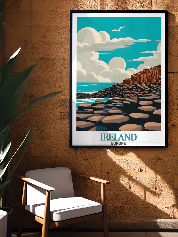 This vintage inspired travel poster brings together the natural wonder of Giants Causeway and the historic architecture of Dublin, creating a must have piece for anyone looking to celebrate Irish culture and history.