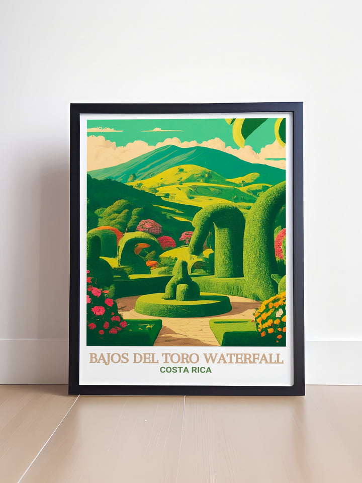 This Costa Rica travel poster features the enchanting Zarcero Park with its imaginative topiary gardens. The vibrant colors and detailed designs make it a standout piece for anyone looking to add a unique and artistic element to their home décor.