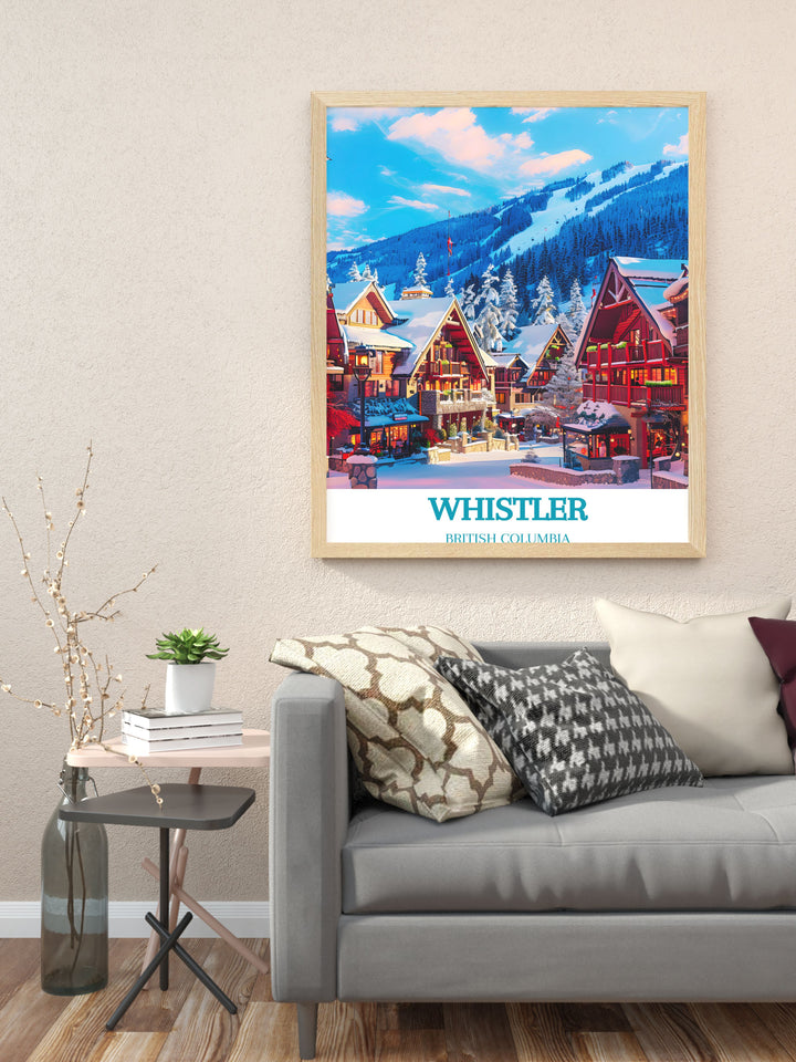 Discover the beauty of British Columbia with this travel poster featuring Whistler Village. The poster showcases the vibrant energy and stunning mountain scenery, inviting you to explore this renowned alpine destination.
