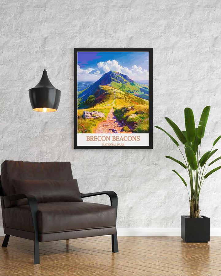 Vintage inspired poster of Pen Y Fan in the Brecon Beacons, combining classic design with contemporary flair. This South Wales vintage poster captures the timeless charm of the region, making it a perfect addition to any art collection or home decor.