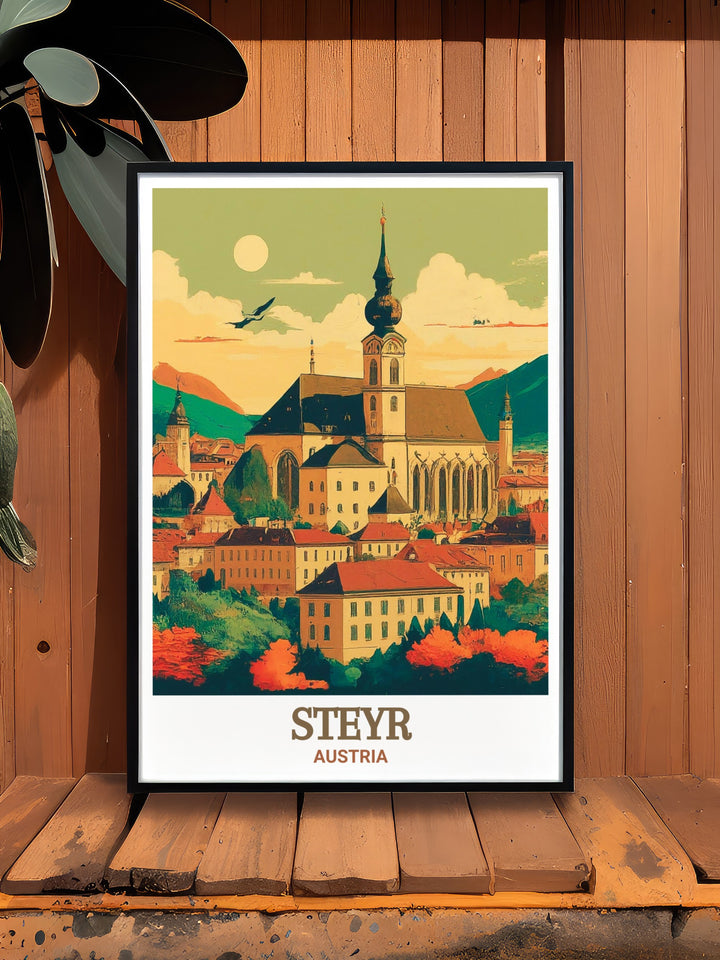 Immerse yourself in Austrias rich history with this detailed wall art of Steyrs Stadtpfarrkirche. The print highlights the churchs grandeur, making it a striking addition to any Austria themed decor.