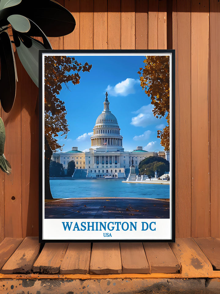 Stunning Washington DC poster of The United States Capitol Building captured in a vintage black and white design perfect for enhancing any interior decor