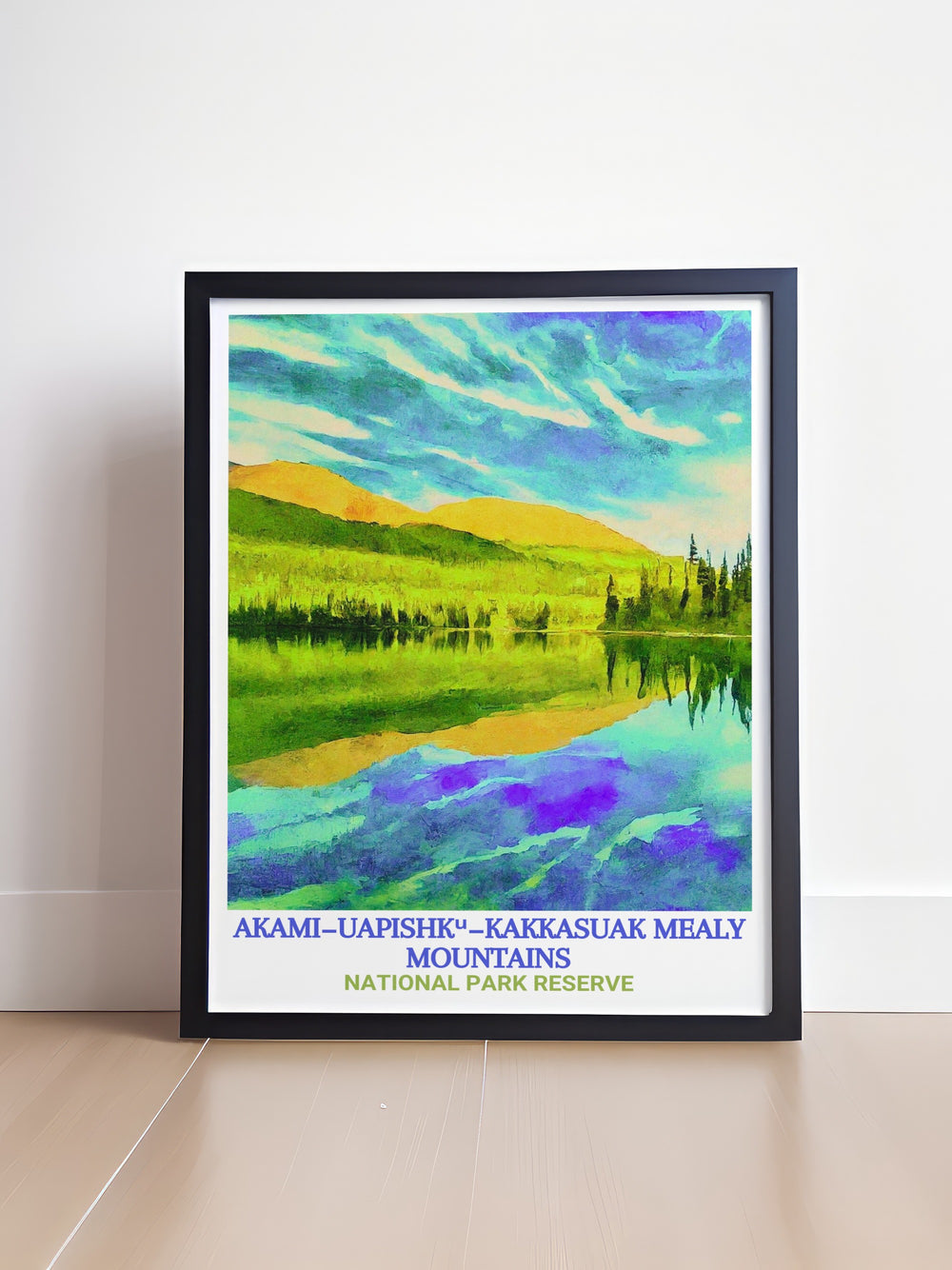 Akami Uapishkᵘ KakKasuak Mealy Mountains National Park Reserve is beautifully illustrated in this vintage travel print, highlighting the towering peaks and tranquil lakes of Newfoundland. A stunning addition to any home or office.