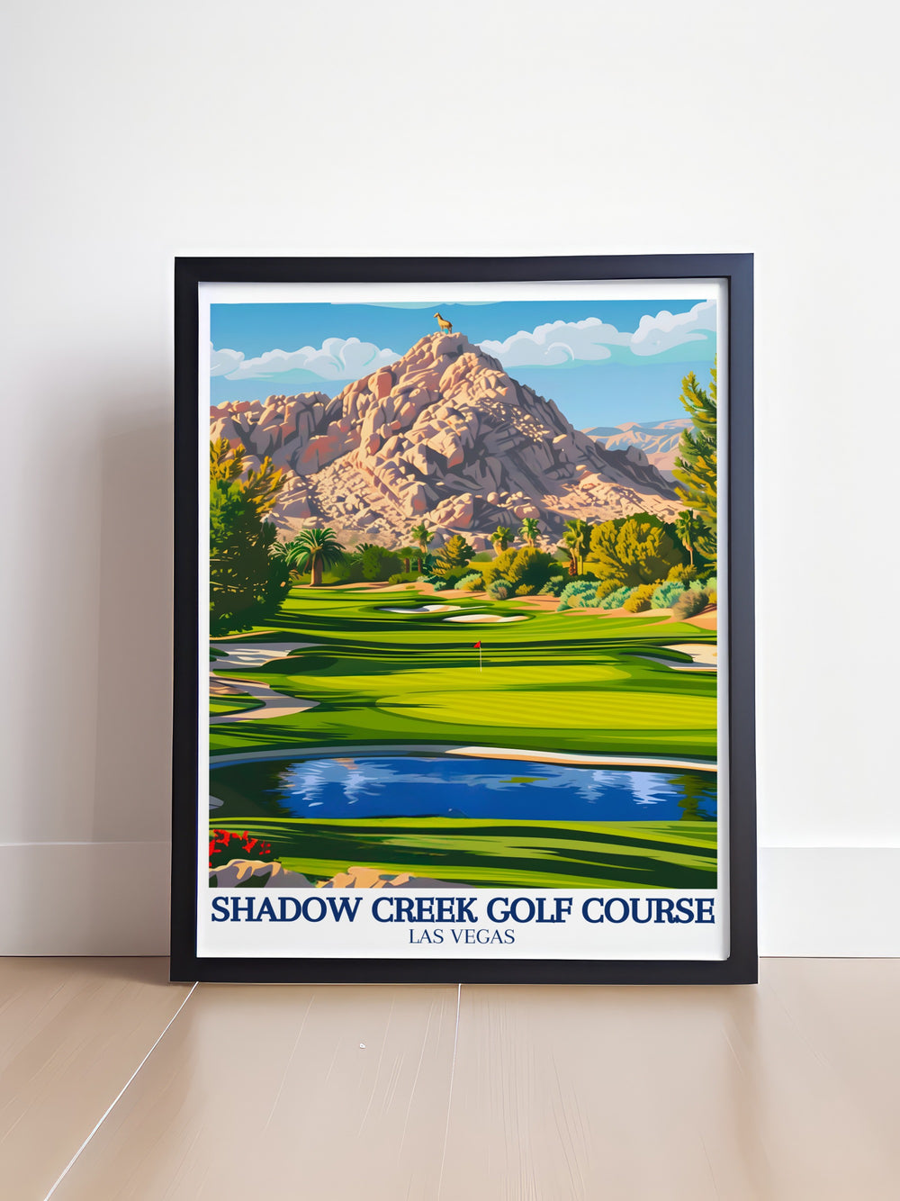 A stunning travel print of Shadow Creek Golf Course, highlighting its lush fairways and the striking Nevada desert. This piece brings the beauty of Clark Countys natural scenery into your home or office, perfect for fans of golf and outdoor art.